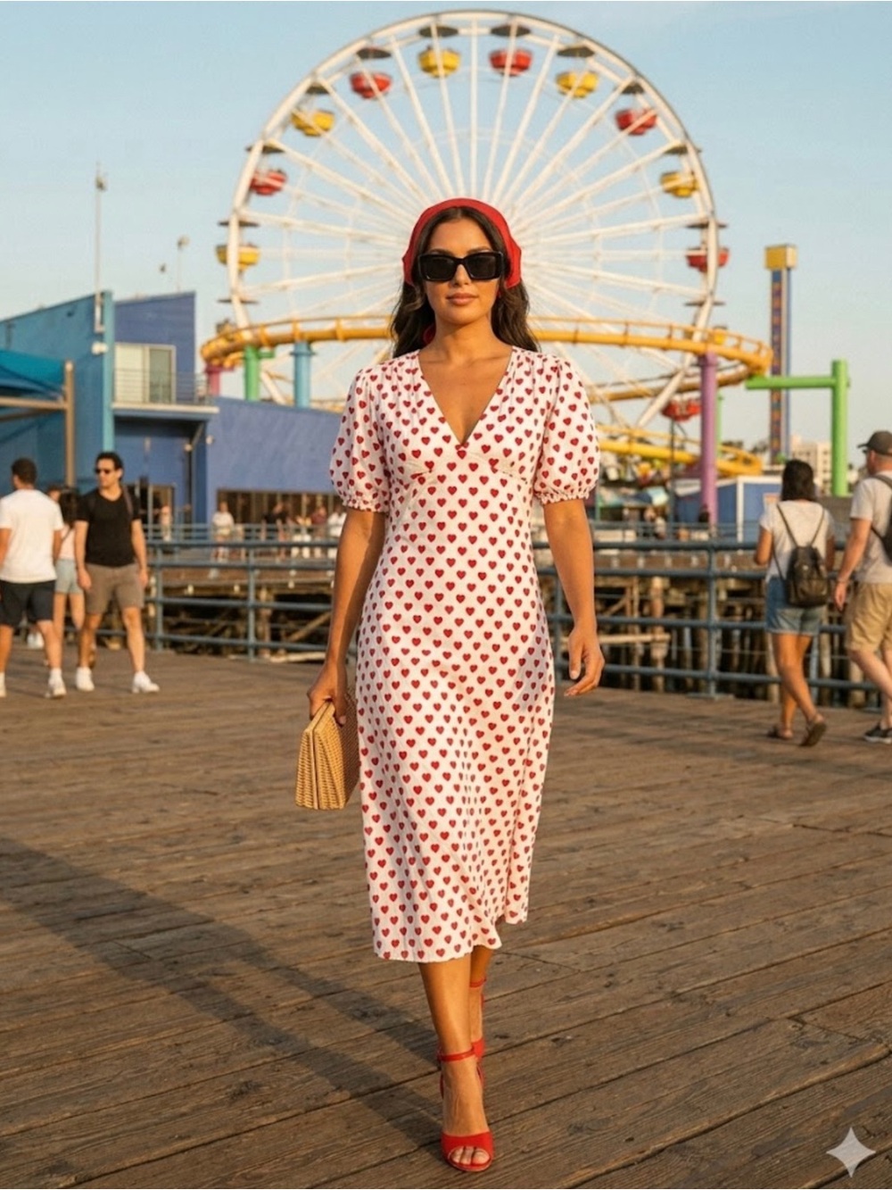 Urban Revivo White & Red Heart Print Summer Vacation Puff Sleeve Maxi Dress Sz 4